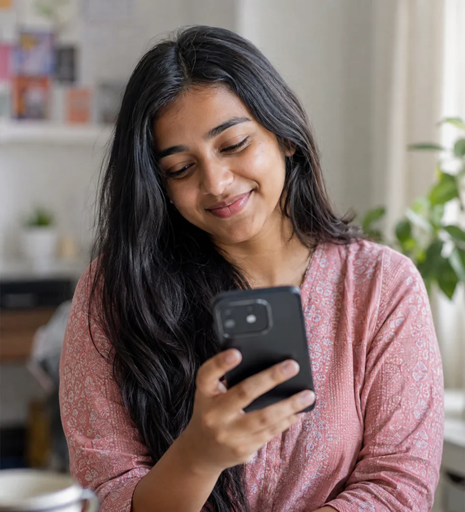 Young woman in a pink kurta at home, smiling as she reads her marriage and relationship answer from the AstroChat Live AI astrologer on WhatsApp