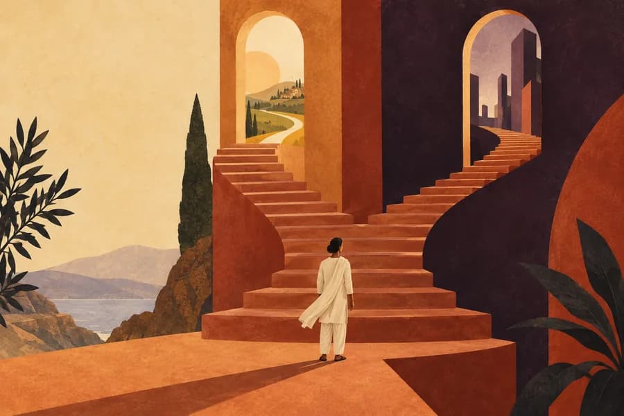 A figure considering two paths through terracotta doorways