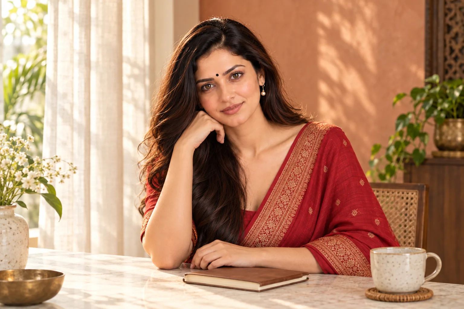 Lata, AstroChat Live’s digital astrology personality, seated in a sunlit room wearing a red sari