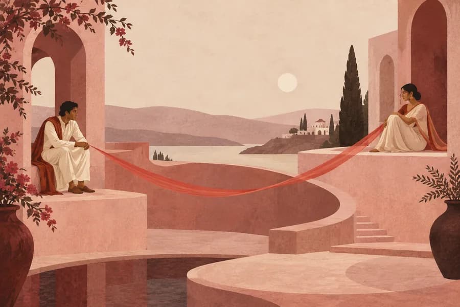 Two figures connected across a rose-colored courtyard