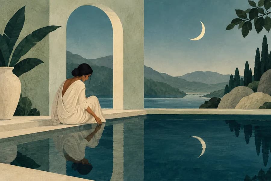 A figure contemplating their reflection in a quiet green courtyard